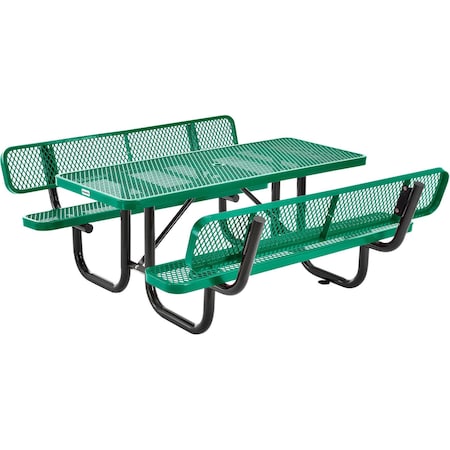Global Industrial Rectangle Picnic Table w/ Backrests, Green, Expanded Metal, 6 ft L 277630GN